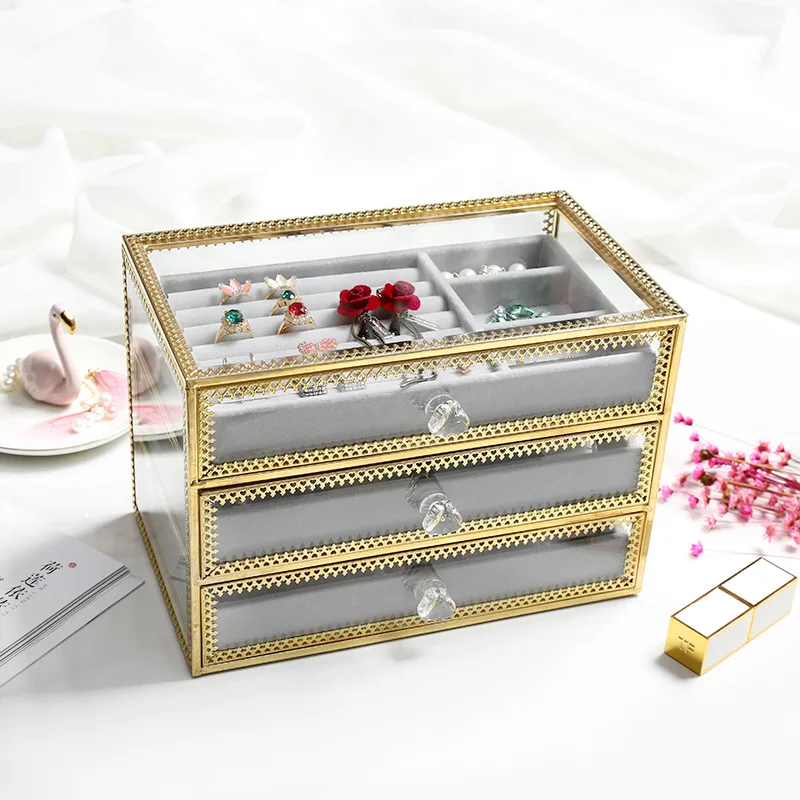 

Glass Jewelry Storage Drawer Box Home Decoration Earring Ring Necklace Dust-proof Storage European Jewelry Display Box Organizer