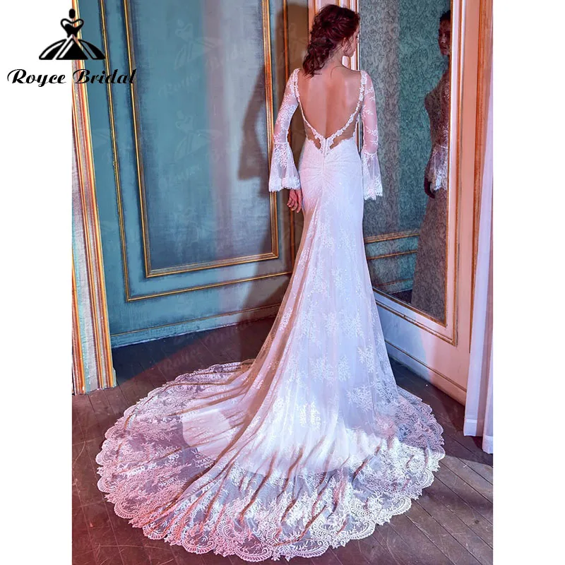 Robe de mariée sirène style Boho, ravissante, col en V profond, manches longues évasées, dos nu, balayage avec traîne, 2022