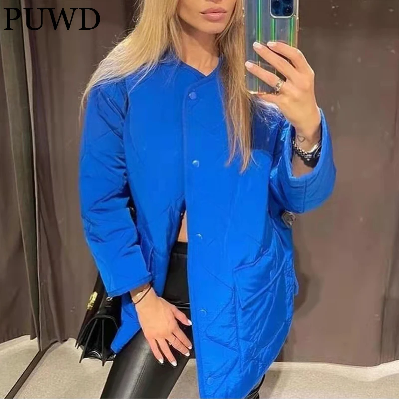 PUWD Fashion Women Blue Quilted Check Cotton Jacket 2021 Autumn Winter Casual Warm Solid Parka Pocket Loose Female Thick Outwear