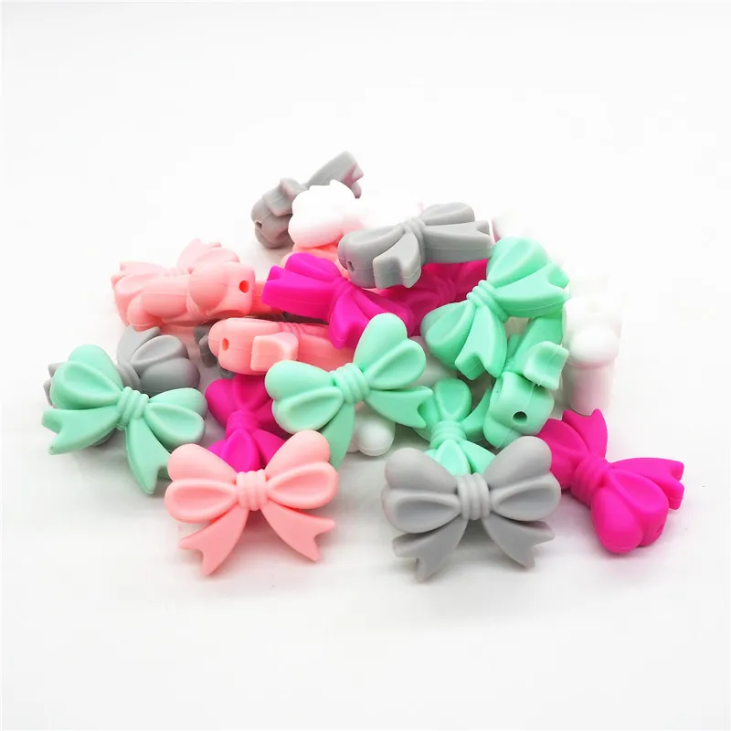 Chenkai 100pcs Silicone Bow Tie Teether Beads DIY Baby Shower Teething Montessori Sensory Jewelry Toy Bow-Knot Accessories