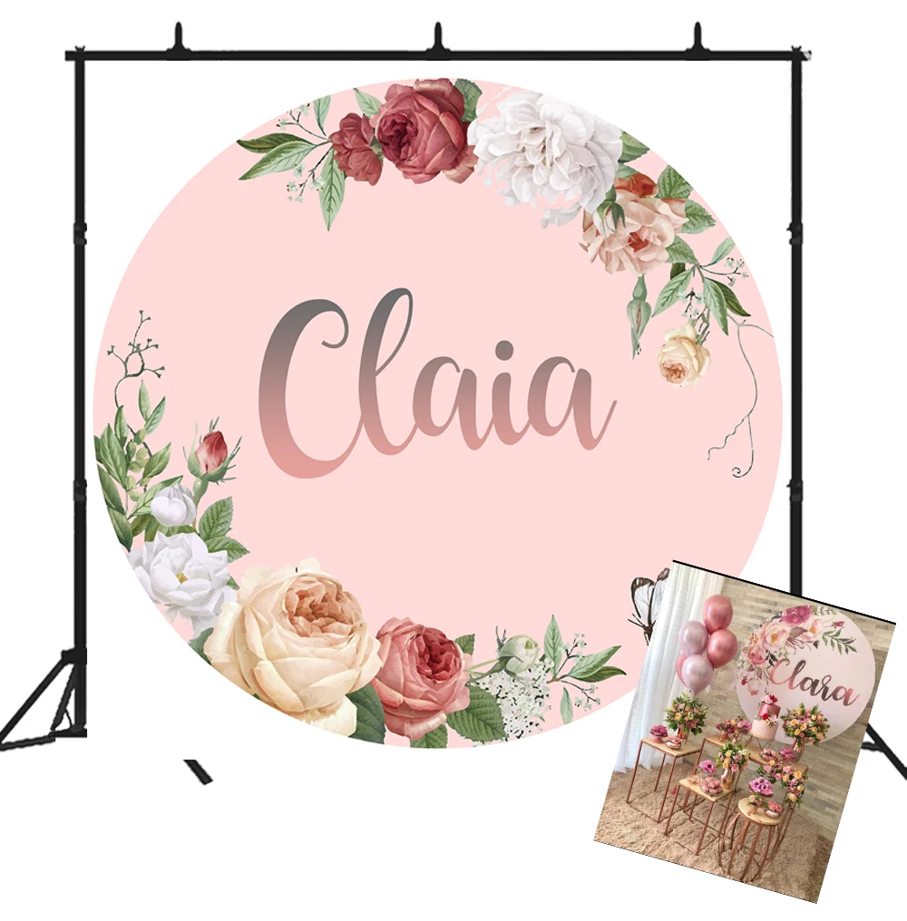 BEIPOTO Wedding Flower Backdrop Bridal shower party decoration round background floral pink baby shower custom name photo Y-01