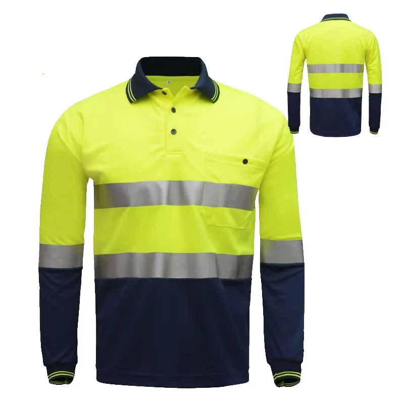 Two Tone Long Sleeve Safety Polo Shirt High Visibility Reflective Shirt With Pockets Hi Vis Work Shirt