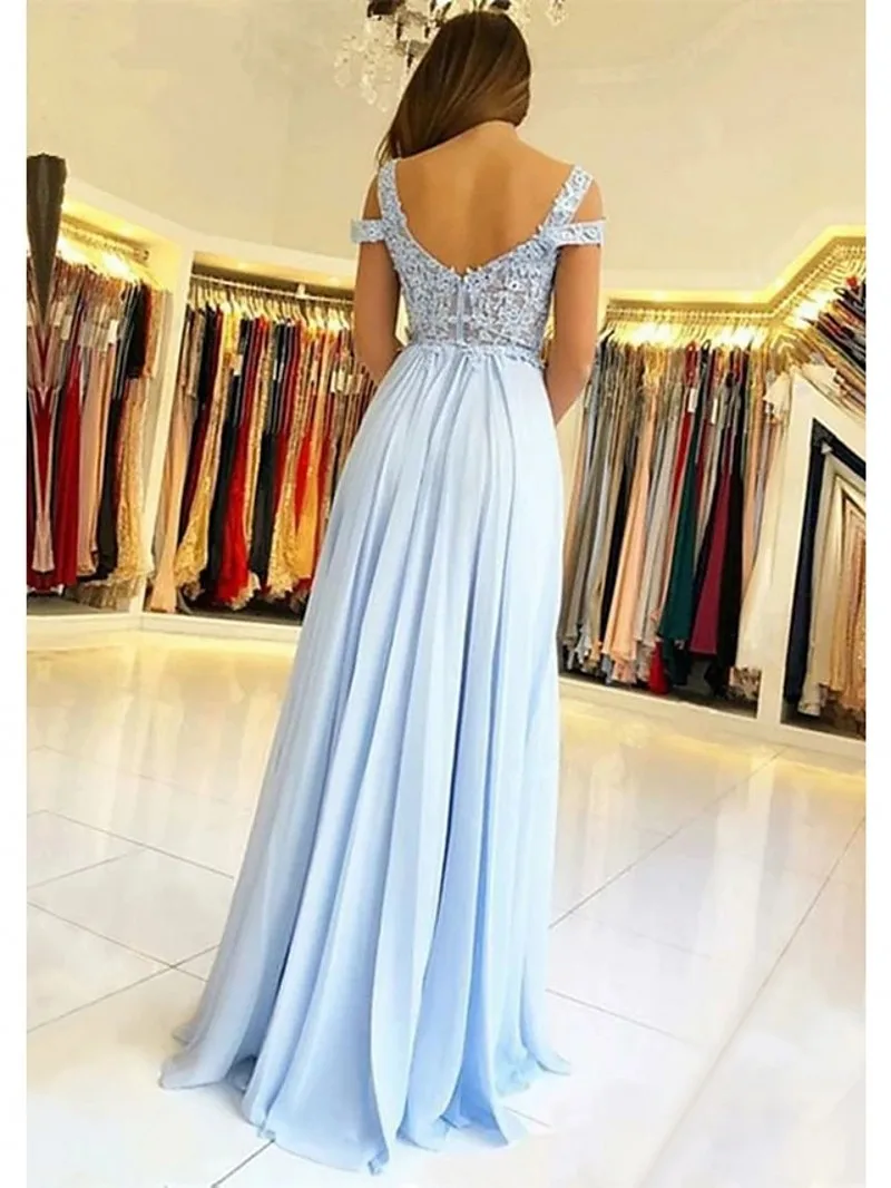 Neue Sky Blue Chiffon Prom Kleid 2022 Weg Von der Schulter Appliques Split Front Abend Party Kleid Robe De Soiree Vestidos de Noiva