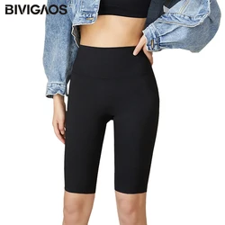 BIVIGAOS Spring Summer Elastic Sharkskin Knee Short Biker Shorts Women's High Waist Sexy bodybuilding Sport Shorts Black Gray