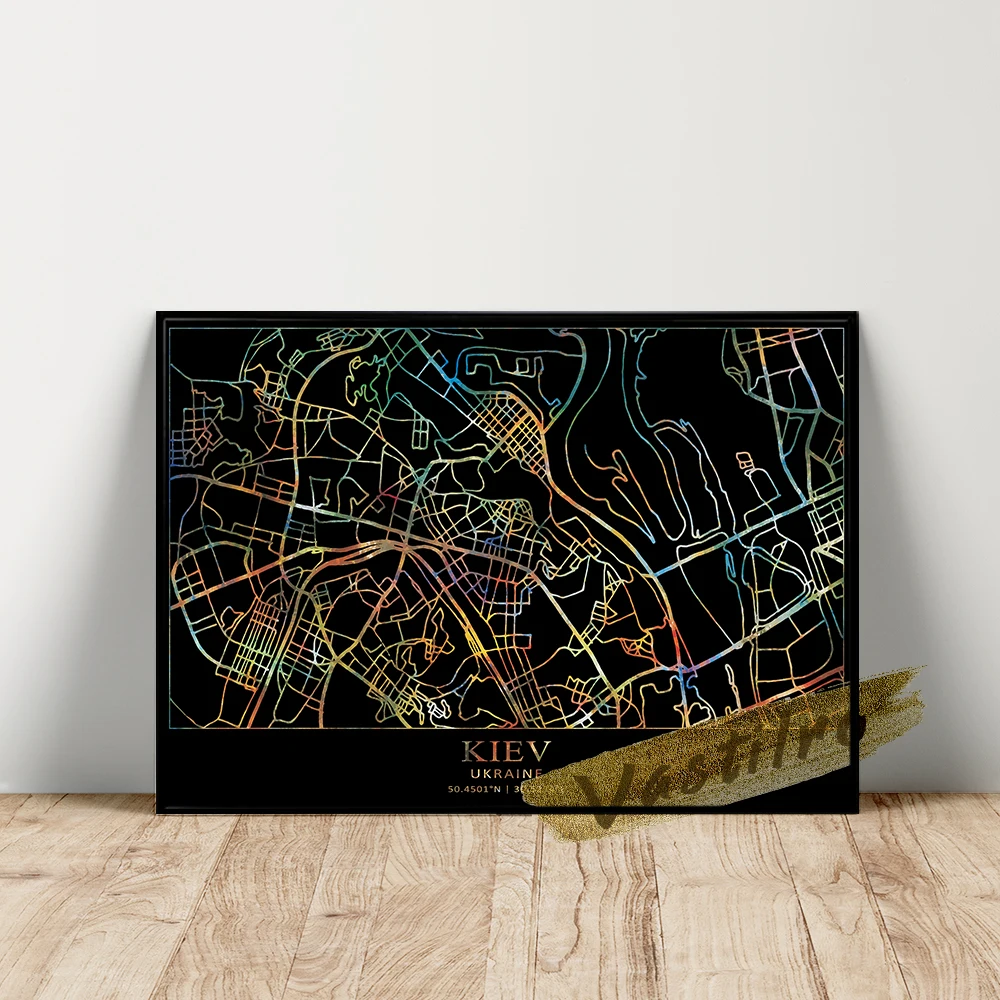 World Map Poster, Kiev Geography Location Wall Art, Black Background Colour Line Prints, Ukraine Capital Kyiv Map Wall Picture