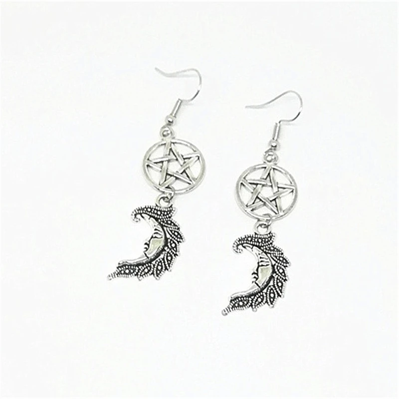 Pentacle Moon Earrings, Cresecent Moon Earrings, Dangle Earrings, Wiccan Pagan Earrings, Nature Wicca Jewelry, Pentagram