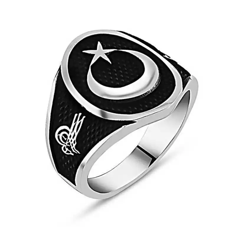 Silver Tugra Moon and Star Men's Ring - 925 Sterling Men's Jewelry Wedding Birthday Gift - Box - - Men - Fashion - Botiva - Size - Turkish - Patterned Embroidery