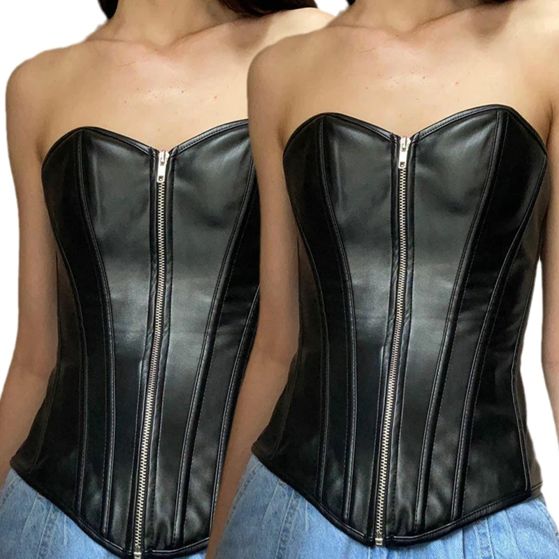 Push Up Bustier Sexy Crop Tank Tops Sleeveless Corset Zipper Vest Waist Trainer Steampunk Waist Cincher For Women Black