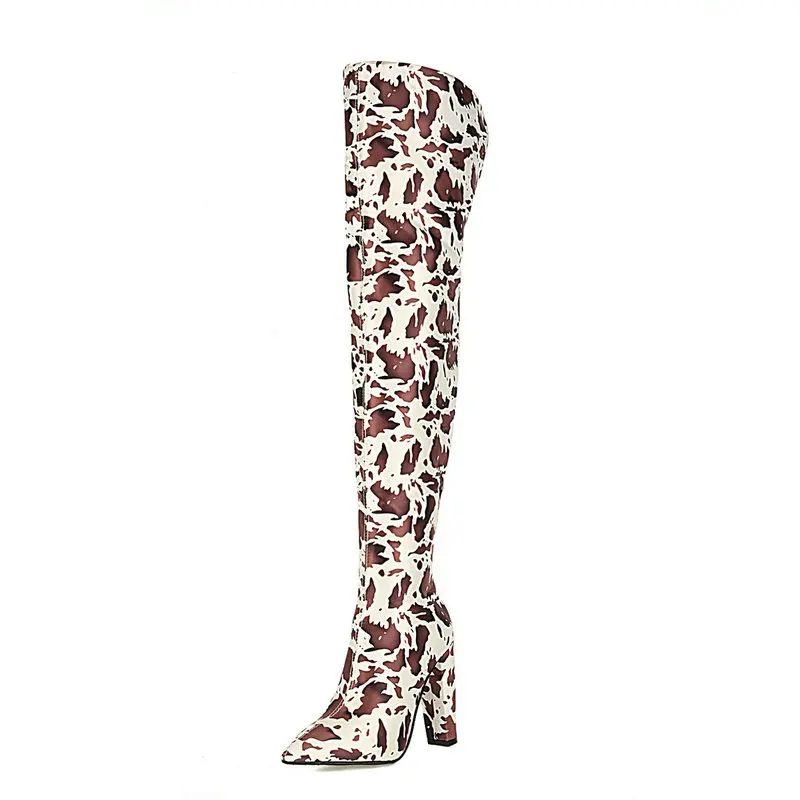 Black Brown Zebra Print Microfiber Women Over the Knee Boots Short Plush Women Winter Long Boots Pointed Toe Square Heel Shoes