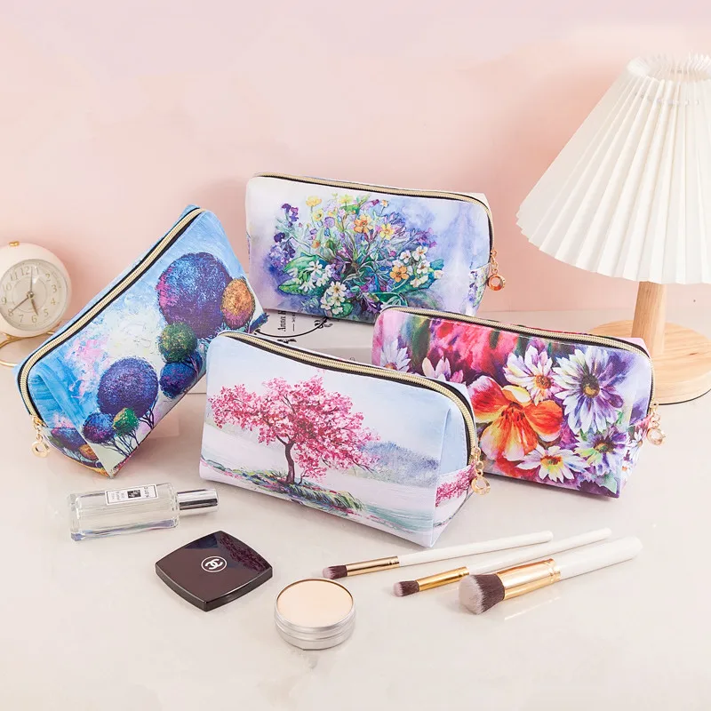 Women PU Cosmetic Bag Waterproof Flower Printing Toiletry Pouch Travel Organizer Storage Portable Makeup Bag