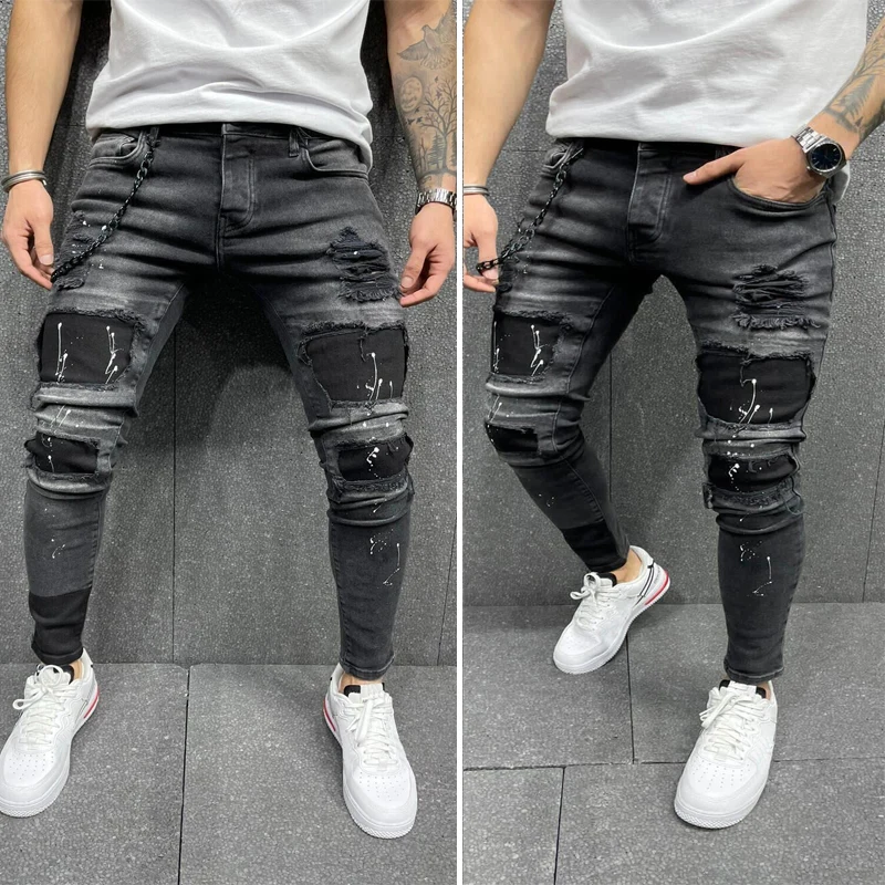 Mens Streetwear Fashion Pants Elastano Skinny Slim Jeans patch pockets ripped jeans for men street broken black denim Trousers