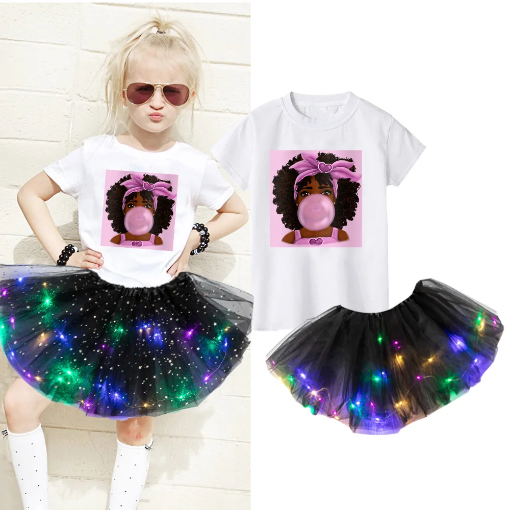 Kids Customization Dress Set Party Casual Dress Black African Curly Girl Short Sleeve Printed Cartoon T-shirt+Skirt+Hairpin Suit