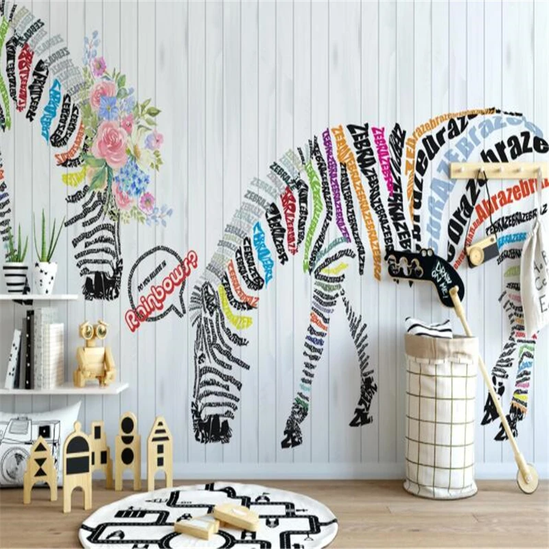 Custom Mural Wallpaper Abstract English Alphabet Zebra Flower Background Wall Painting