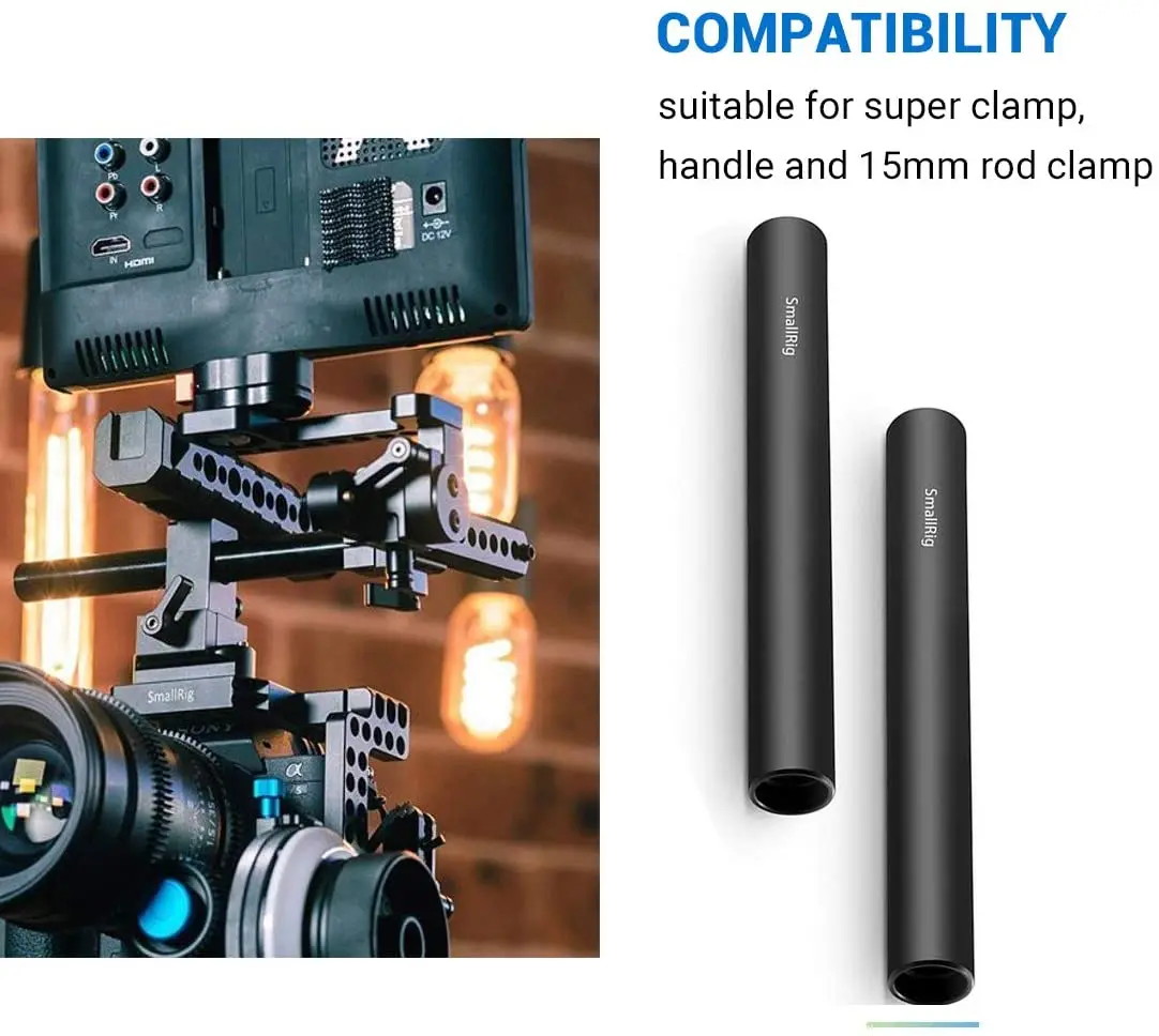 SmallRig Camera Rail Rod Set, liga de alumínio, DSLR Camera, M12, fio fêmea, 1049, 10 cm, 15mm, 4 \