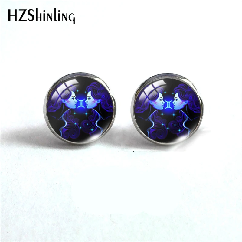 2020 New Zodiac Sign Stud Earring Virgo Gemini Earrings Handmade Round Glass Dome Art Printed Jewelry