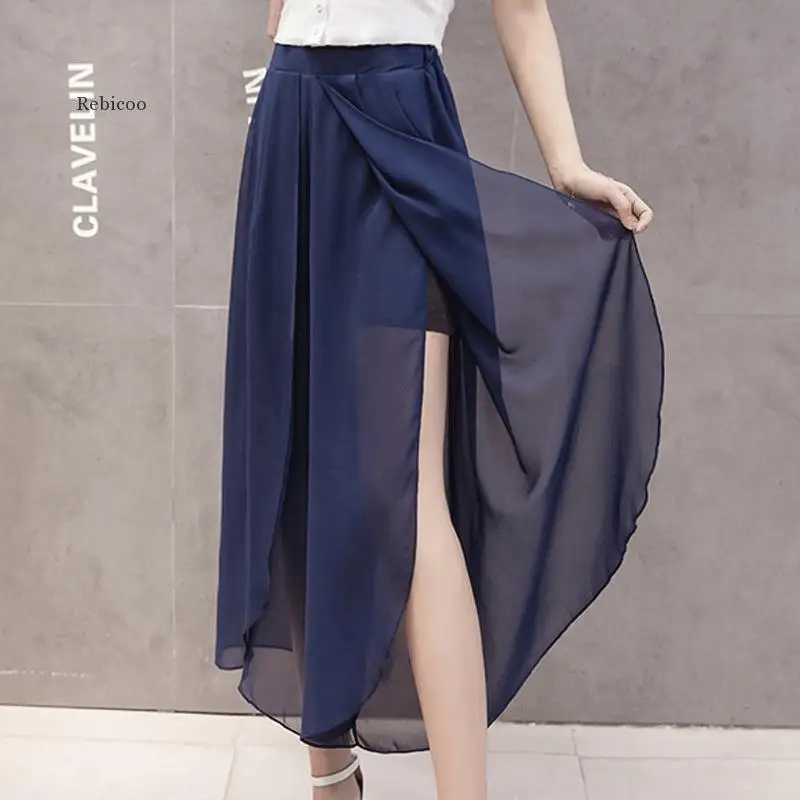 

Women Summer Chiffon Skirt Pants Solid Cropped Pants Skirt High Waist Wide Leg Pants Korean Fashion Loose Casual Pant