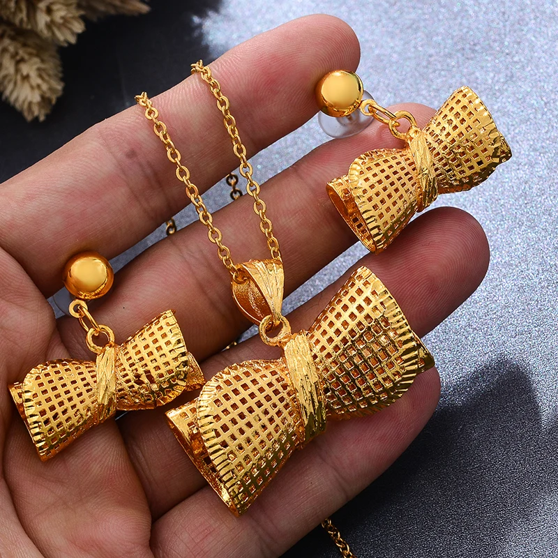 Ethiopia 24K Gold Color Dubai Jewelry Sets Women African Party Wedding Gifts Necklace Earrings Bow 4K Gold Jewellery Sets