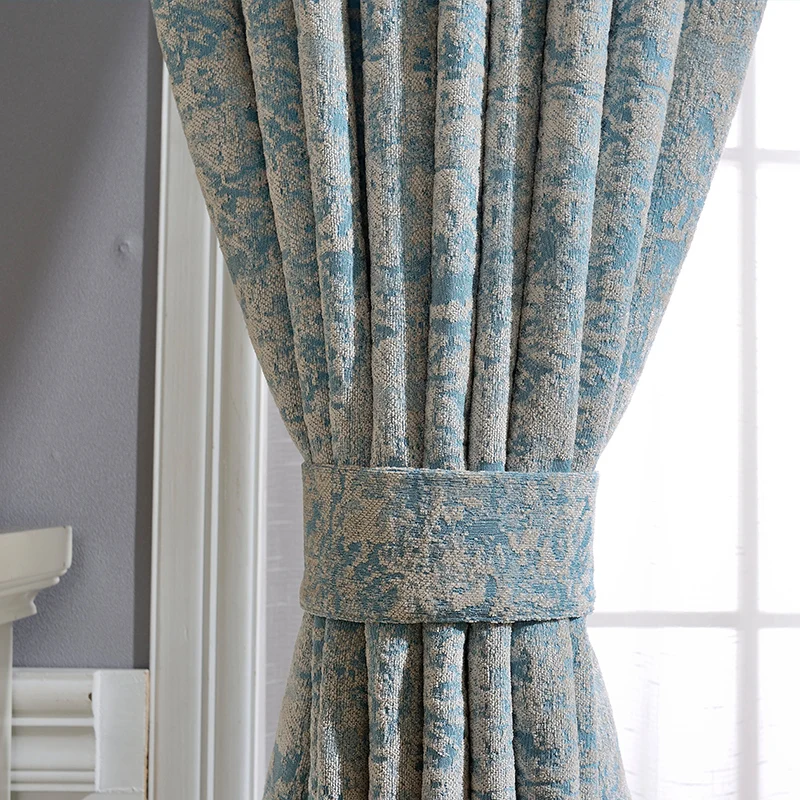 

Curtains for Living Room Dining Bedroom Mediterranean Chenille Floor-to-ceiling Finished Blackout Floating Blue Jacquard