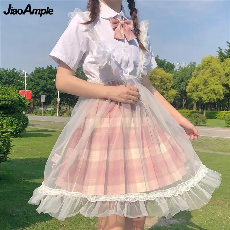 Gaya Lolita Jepang Wanita Lucu 3 Buah Set Gaun Anak Perempuan Gaya Preppy Kemeja Putih + Rok Kotak-kotak + Gaun Jala Setelan Dasi Kupu-kupu