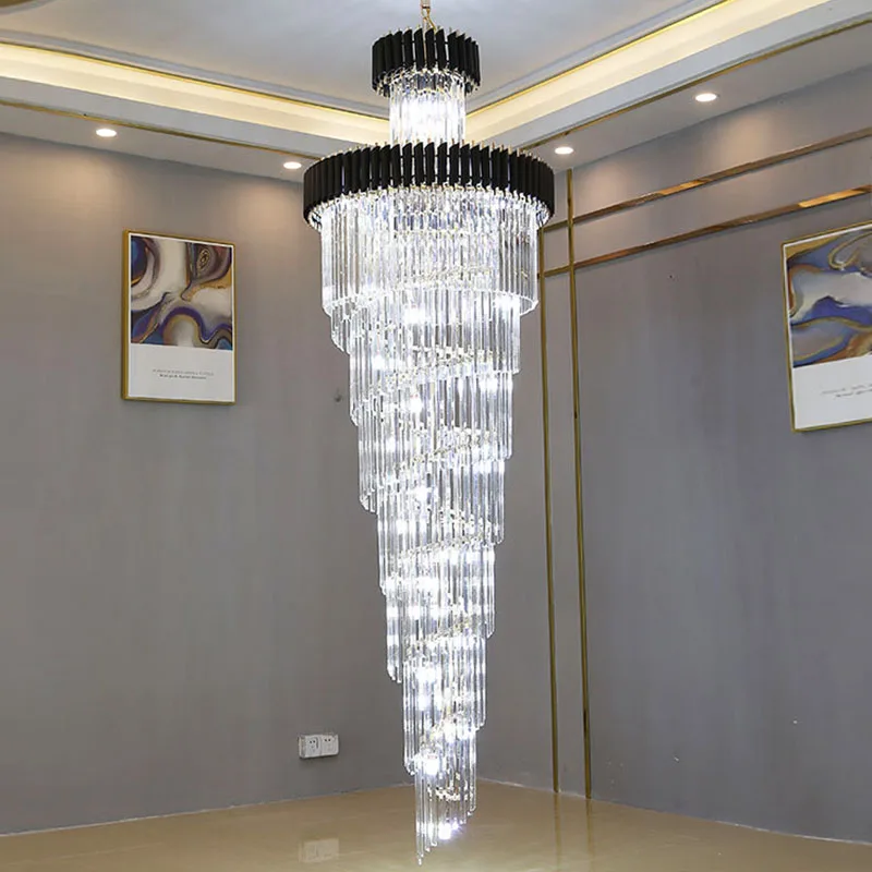 

Modern Luxury Crystal lights LED Living Room Chandelier Black Fixtures Staircase Rotating Decorative Hang lighting