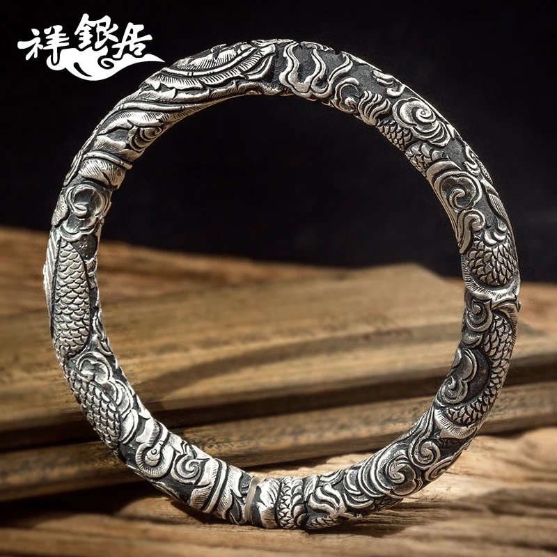 ★silver auspicious longfeng sterling silver bracelet middle-aged and old elders of mother's day gift comfort relief