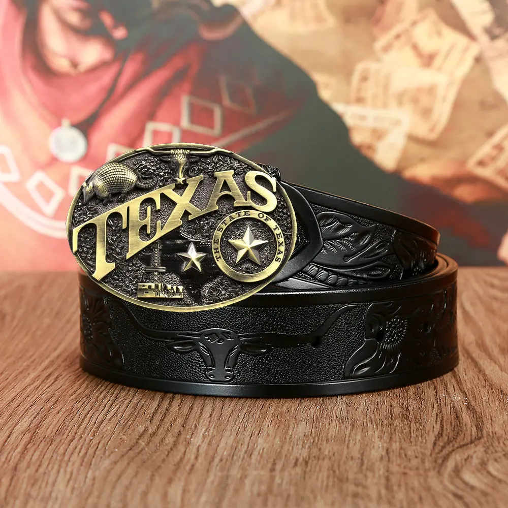 Vintage pattern Texas cow head craft leather waist men's classic smooth belt for 3.8cm