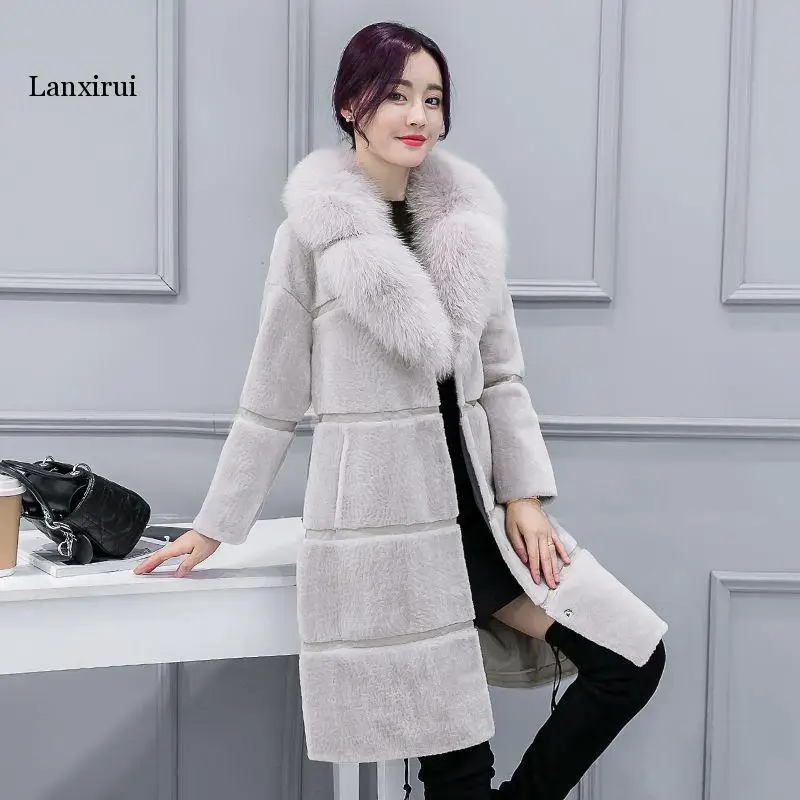 

Women's Fur Coats Faux Fox Fur Collar Winter Fashion Gray Faux Fur Coat Women Elegant Fur Jacket Thick Warm Outerwear