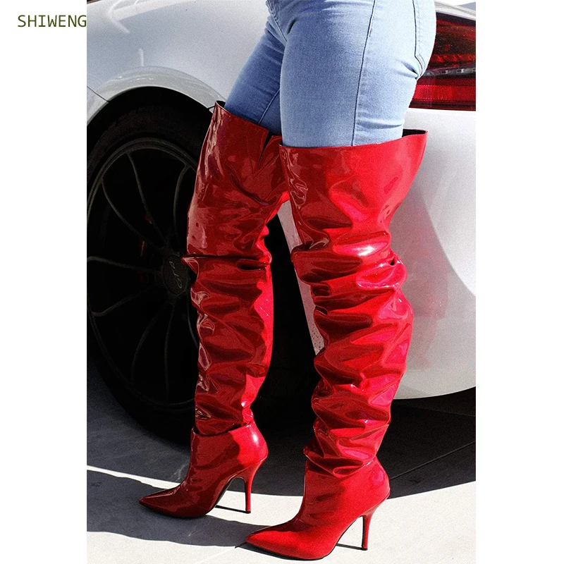 

Women Zipper Patent Leather Boots Pointed Toe Thin High Heel Lady Sexy Over The Knee Boots Fashion 2021 Nightclub Dance Shoes