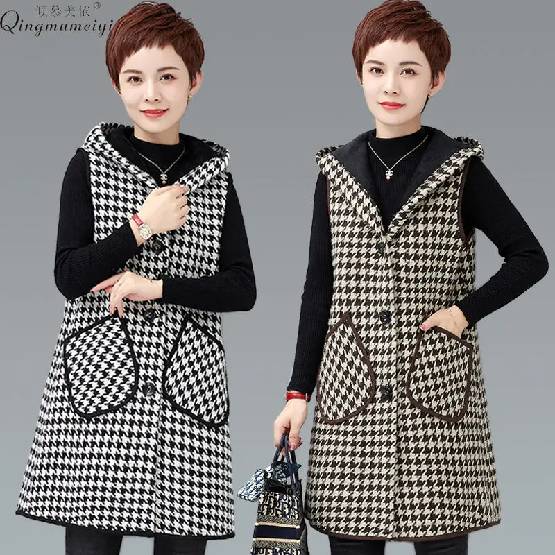 

Autumn Winter Woolen Vest Coat Women Plaid Plus Velvet Thicken Waistcoat Female Plus Size Hooded Sleeveless Flocking Vest Jacket