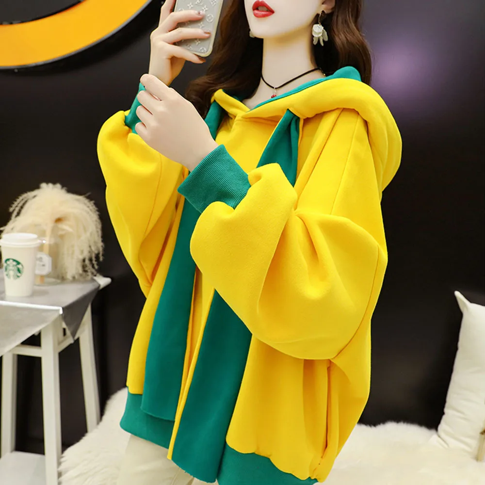 2022 Korean Hooded Sweatshirts Casual Solid Patchwork Long Sleeve Thick Fleece Hoodies Fashion Mid Length Hoodie