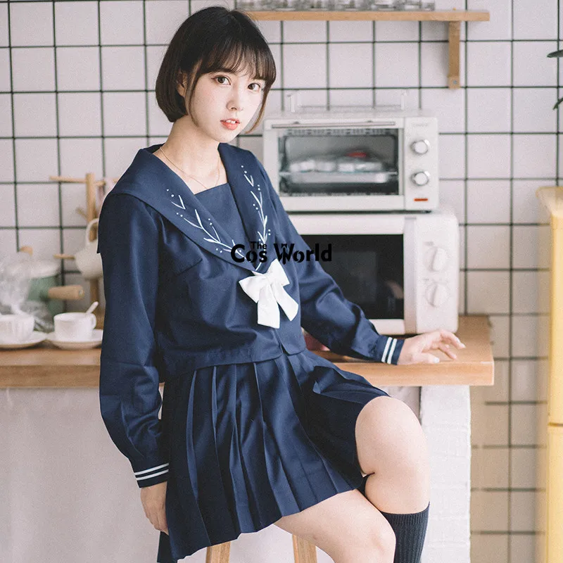 [Silver Tassel] Navy Blue Summer Navy Sailor Suit Tops Skirts JK High School Uniform Class Uniform Students Cloth