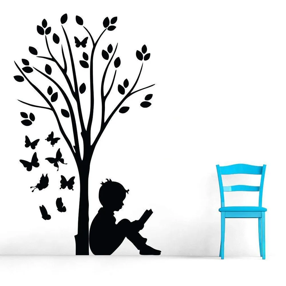 Vinyl Wall Sticker Boy Read Under Tree Butterfly Art Kids Bedroom School Reading Room Interior Decor Interior Decor Decals Q229