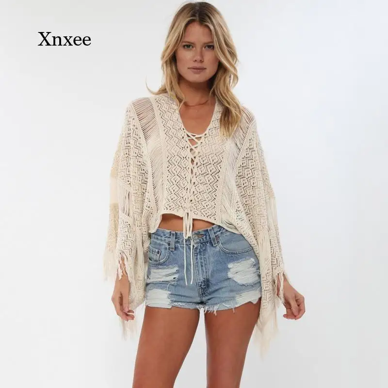 Robe de plage en tricot à franges pour femmes, Cover-Up pour les maillots de bain, ajouré, Crochet, style Boho