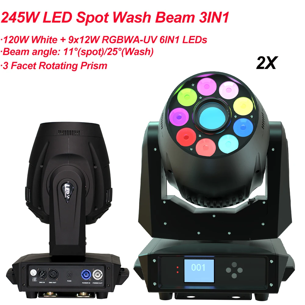 2Pcs/Lot New 245W LED Spot Wash Beam 3IN1 Moving Head Light 3 Facet Rotating Prism LED Moving Head DJ Disco Party Stage Lights