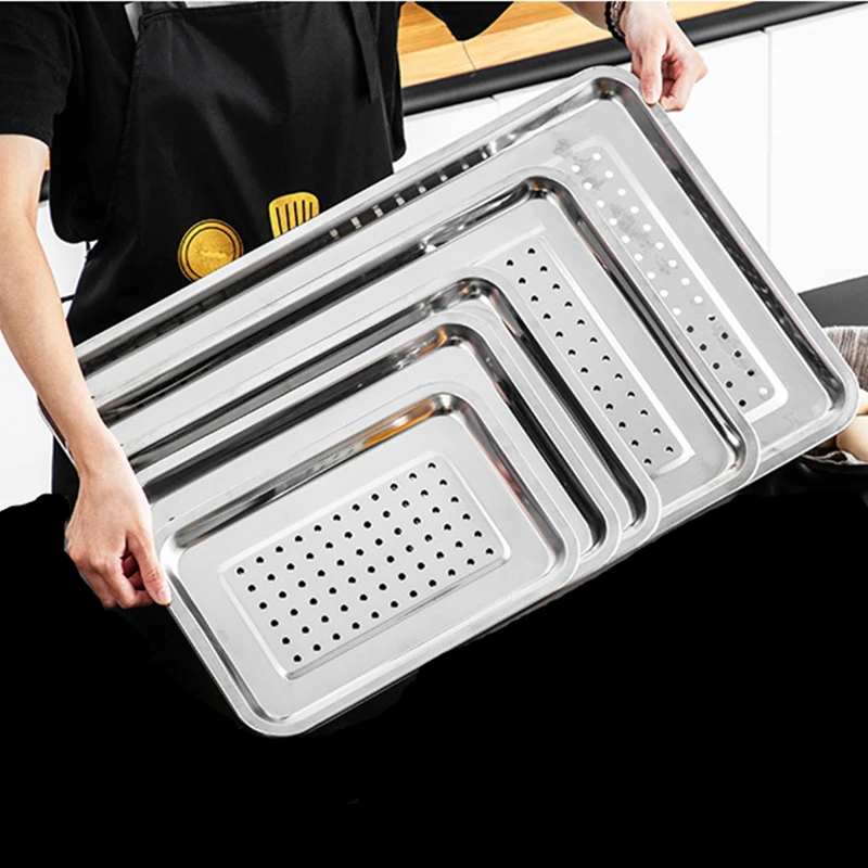 Stainless Steel Food Storage Tray Rectangular Drain Baking Pan Thicken Durable Drainer Plates Home Kitchen Organizer Accessories