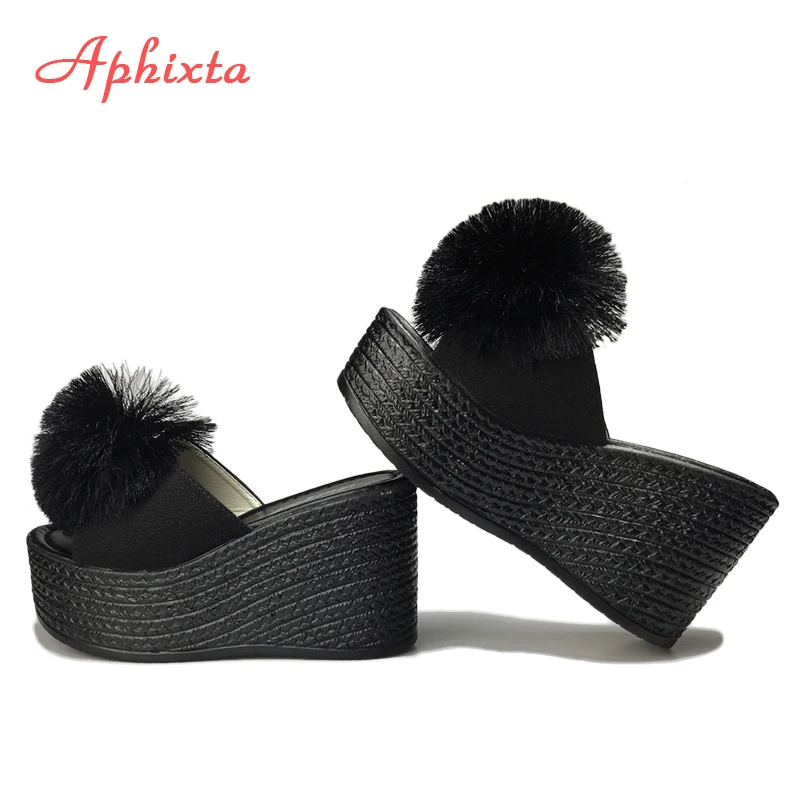 Aphixta  Hairball 3.54 inch/9cm Wedge Heels Mule Black Slides Beach Platform Women Slippers Female Sandals Clog Shoes Women