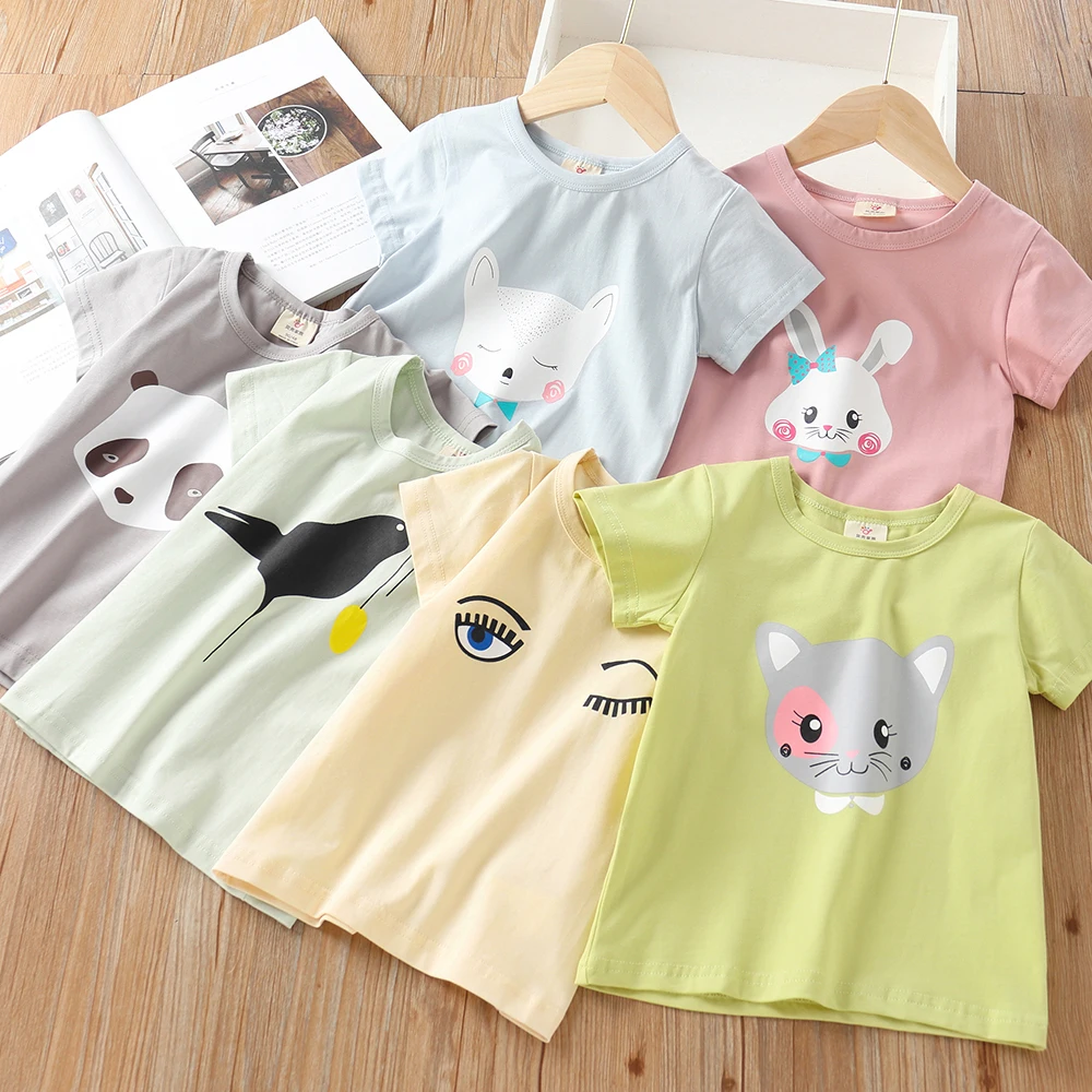 2024 Summer 2 3 4 6 8 10 Years Children Cotton Cartoon Star Bird Cat Rabbit Animal Print Short-Sleeve T-Shirt For Kids Baby Girl