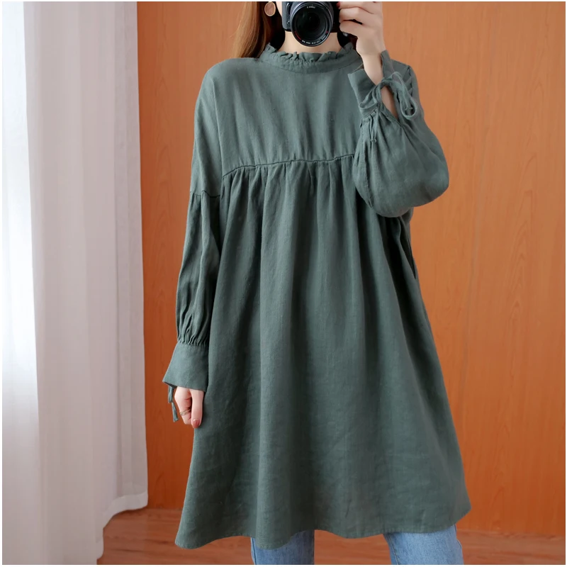 

Aransue Female Spring Autumn Pure Color Shirt Lace Up Casual Midlle Long Tshirt Linen Top Free Shipping