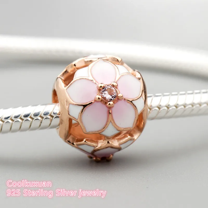 

Spring 925 Sterling Silver Magnolia Bloom Charm, Blush Pink Crystal and Mixed Enamel Charm Fit Pandora Charms Bracelet