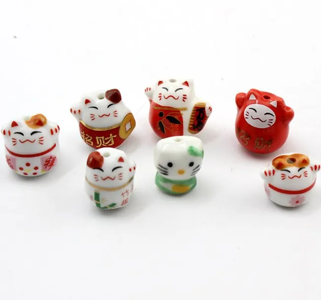 100pcs/lot Hand-painted Lucky Cat Ceramic Beads For Jewelry Making Necklace Bracelet Cute Loose Bead Accessories Wholesale