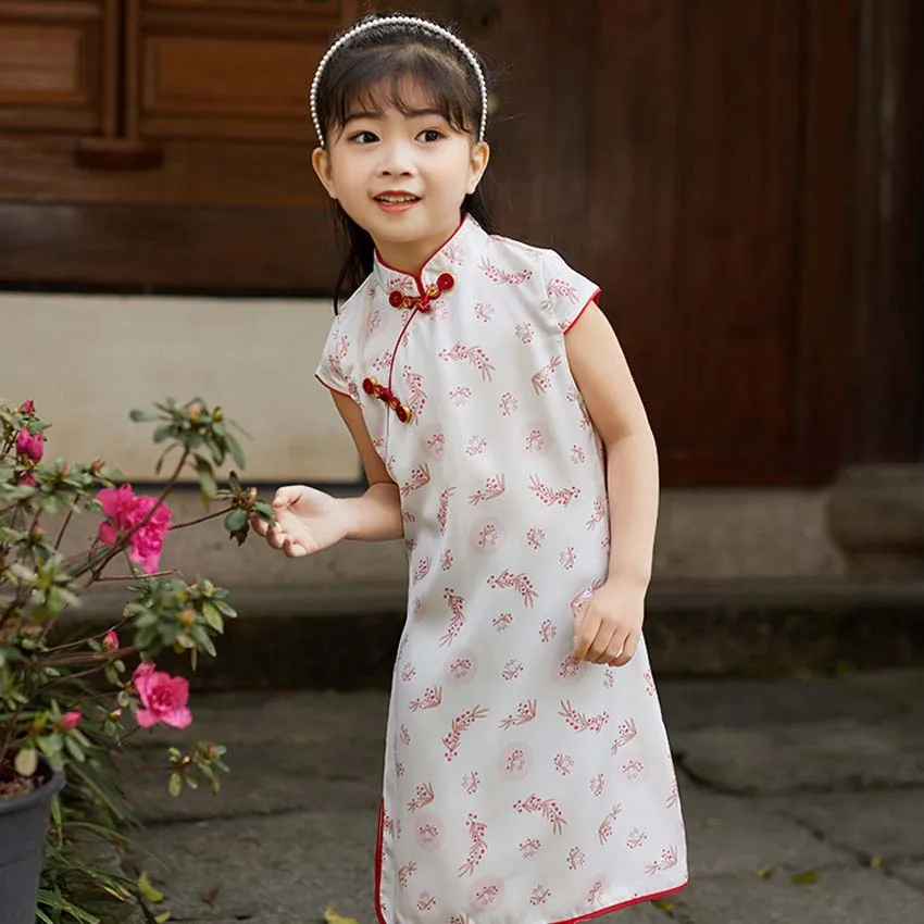 

Girls Chinese Traditional Silky Cheongsams Summer Floral Print Short Sleeve Qipao Clothes for Kids Cute Princess Hanfu Dresses