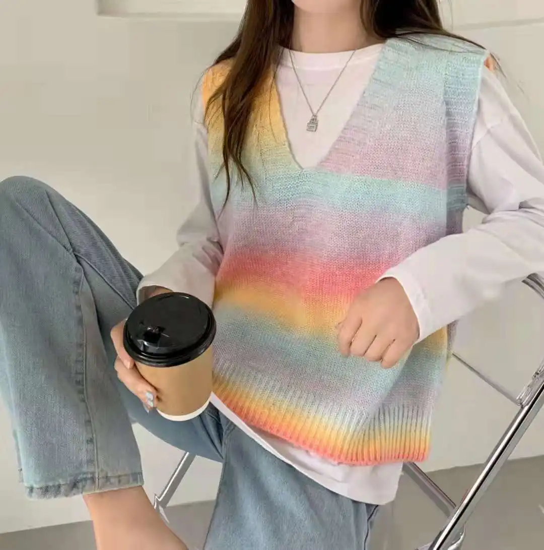 Sweter kamizelka damska dekolt w serek nadruk tęcza Casual koreański styl nastolatki Chic moda jesień zima bez rękawów dziewczyny Twist swetry y2k