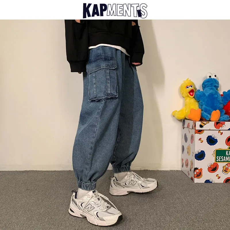 KAPMENTS Men Patchwork Pockets Denim Pants 2023 Cargo Jeans Mens Japanese Harajuku Joggers Vintage Trousers Man Loose Sweatpants