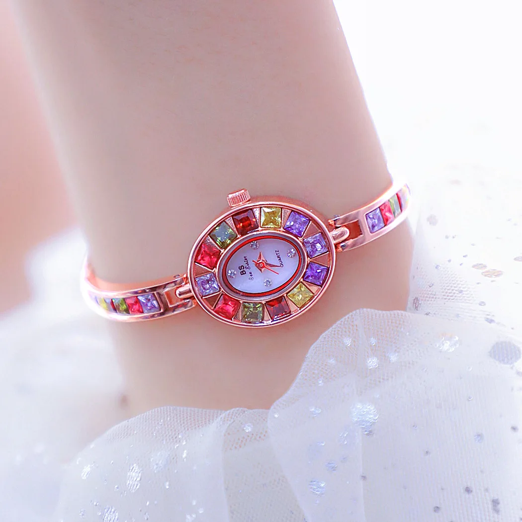 Gradient Rainbow Rhinestone Gem Subdial Mulheres Relógios Relógio Quartz Strap Aço Inoxidável Simples Chic Relógios de pulso Presente Relogio