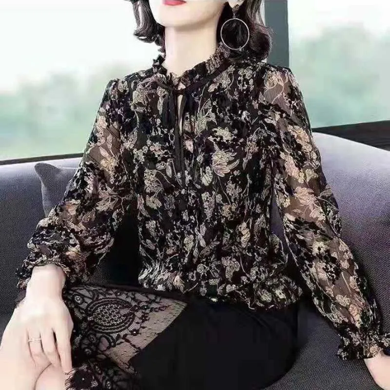 Plus Size 6XL Women Long Sleeves Auyum Chiffon Shirts Femme Elegant Black Chiffon Embroidery Floral Top Slim T Shirt NS4886