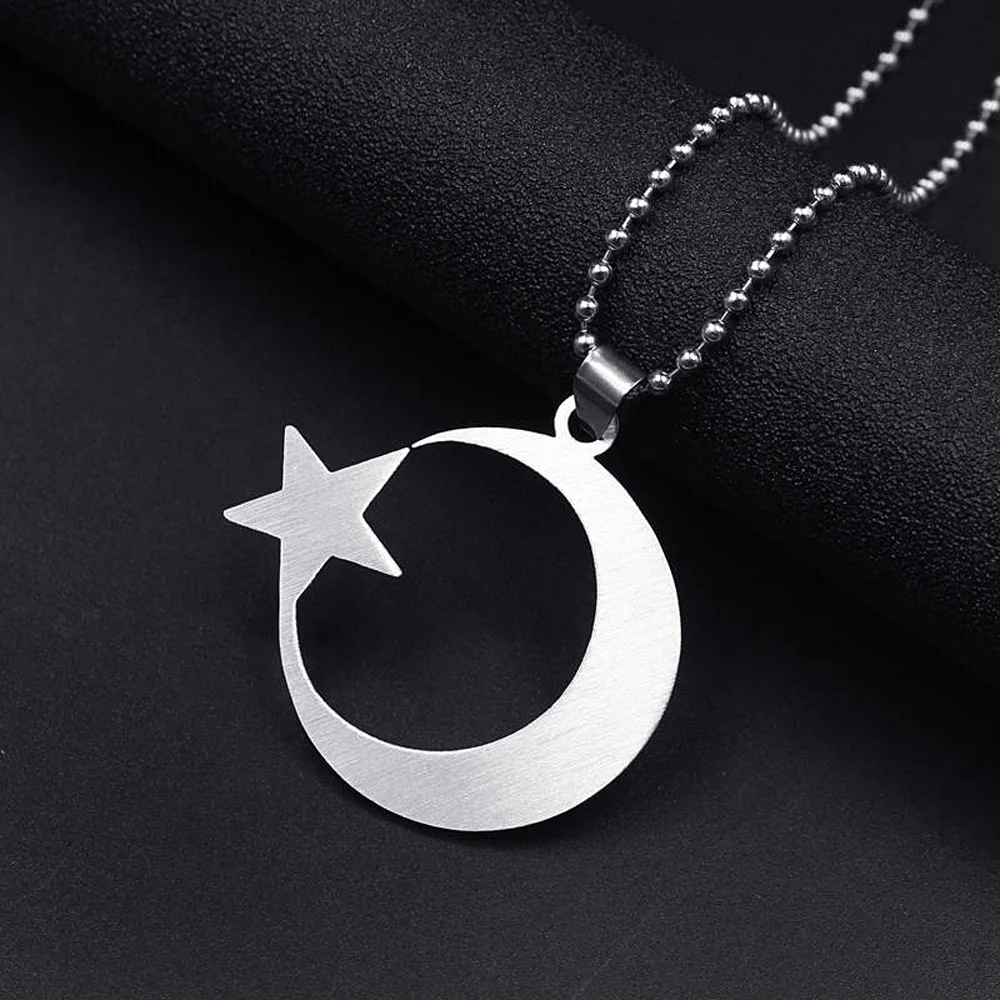 Stainless Steel Crescent Moon Star Necklace for Men Women Spiritual Islamic Muslim Amulet Pendant Turkish Religious Jewelry