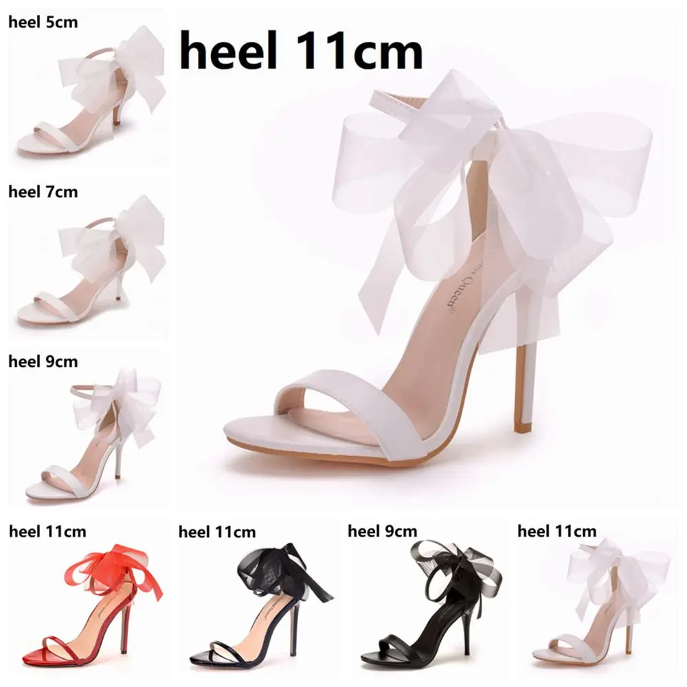 Crystal Queen Woman Sweet Bow Knot Elegant Ankle Strap Party Sandals Black Thin High Heels White Wedding Shoes Open Toe