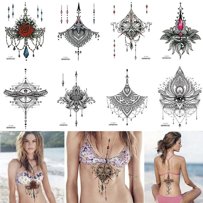 

1 PIECE Sexy Chest Back or Sternum Body Classic Henna Lotus Flower Waterproof Temporary Tattoo Body Art