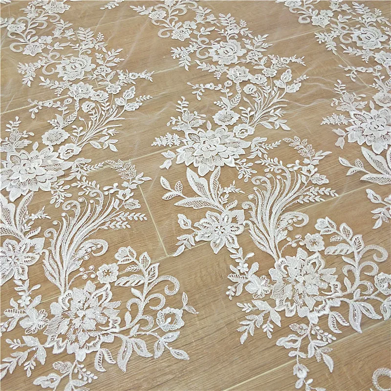 Fashionable french lace fabric with sequins lace fabric 130cm width dress lace ivory lace sell by yard