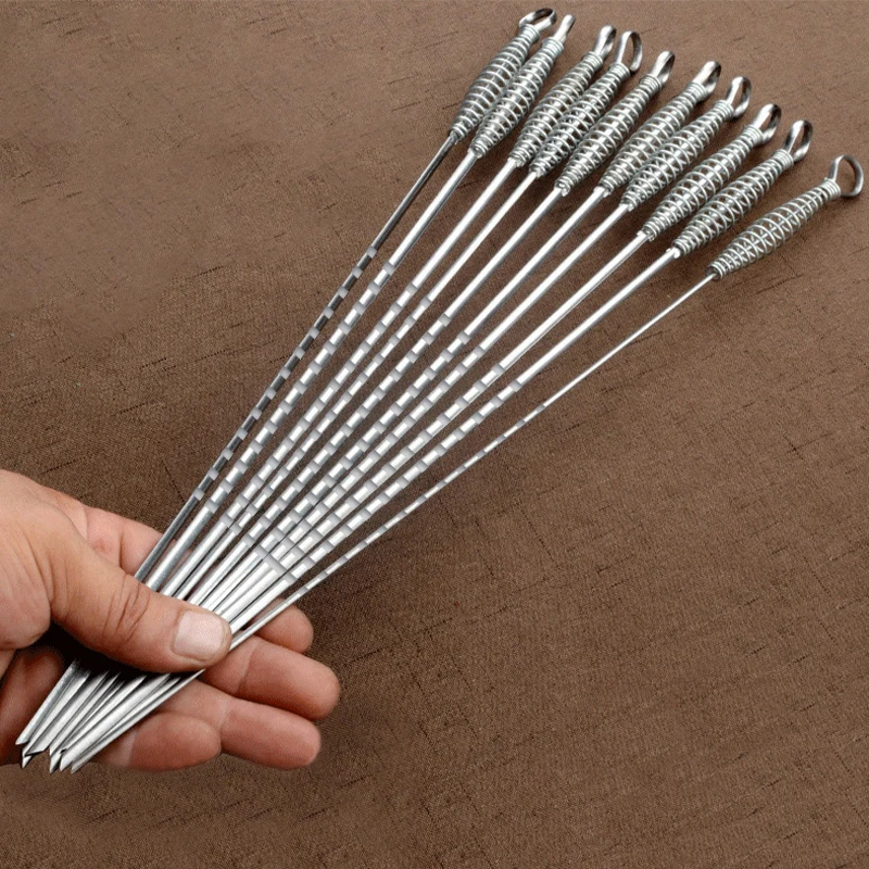 50cm Stainless Steel BBQ Skewer Barbecue Tool Spring Handle Kebab Flat BBQ Needle Stainless Outdoor Picnic Accessories 6-12pcs